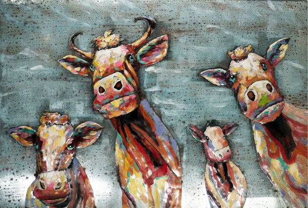 Handgefertigtes Metallbild Happy Cows ca. 120x80cm